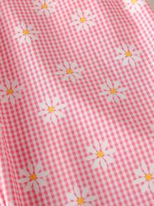 SHEIN Playful Pals 2件組小女孩夏季7歲生日套裝，甜美蝴蝶結短袖T恤搭配雛菊格紋長褲，適合嬰幼兒的可愛休閒穿搭 - 粉色 - 查看 7
