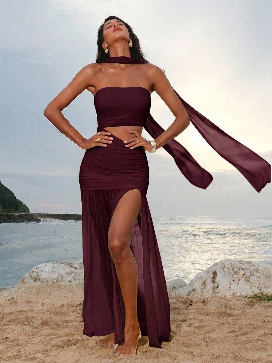 Opulessa Solid Color Knit Cutout Design Fitted Slit Dress For Women - Red Violet - View 1