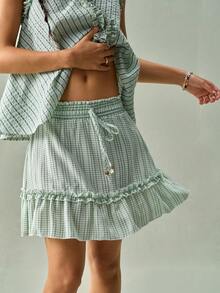 SoleilVie Jupe bohème de style campagne française à taille élastique, motif à carreaux vert et blanc - avec décoration de perles sur le cordon de serrage, double volant en dentelle à l'ourlet, bas décontracté d'été, vêtements d'été pour femmes, jupe cache-maillot de plage - Vert - Voir 5