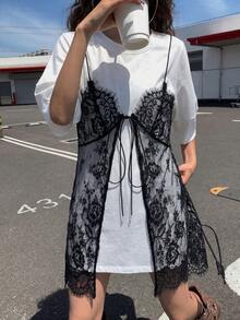 DAZY 女款蕾絲拼接無袖 2 合 1 短袖洋裝 夏季陽光裙 - 黑與白 - 查看 3