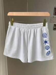 Comfortcana Quần short cạp trung dáng rộng, chất liệu 75% cotton, họa tiết sinh vật biển màu xanh dương với vỏ sò và sao biển, thích hợp cho mùa xuân/hè, đi nghỉ mát, ở nhà, đa năng. - Nhiều màu - Xem 4