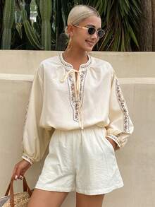 DAZY Blusa holgada de estilo bohemio elegante con estampado para mujer - Beis - Ver 6