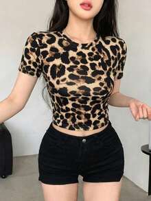 DAZY 女士豹纹开襟长袖休闲街头风外套 Y2k - 棕色 - 查看 4