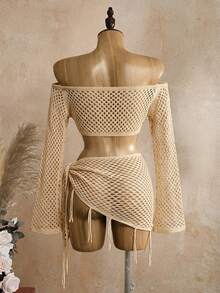 Swim Glamine Women's Solid Color Off-Shoulder Long Sleeve Top And Knotted Skirt Set - Apricot - View 2