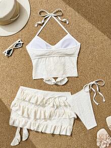 SHEIN Swim Neuer Frühling/Sommer weiß strukturierter Blume Muster Volant Saum Rock, süße Influencer Mode Strand Resort 3 Stücke Damen Bikini Set - Aprikosenfarben - Übersicht 4