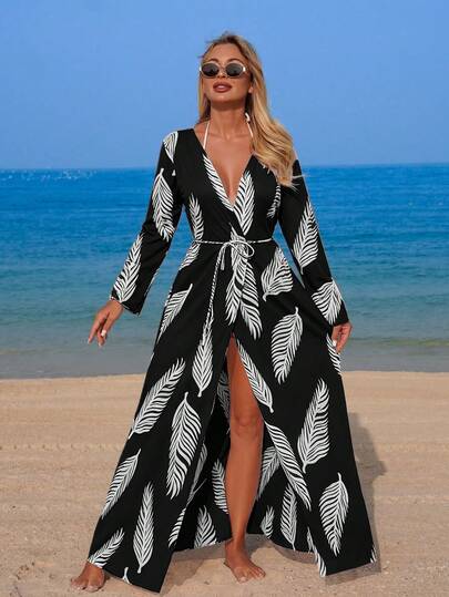 Swim Vcay Women's Elegant Random Leaf Print Long Sleeve Kimono Cover Up, Summer