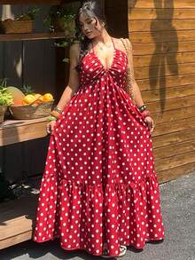 Sunnyshic Sommerliches Retro Polka Dot Slip Kleid, Tailliertes A-Linien Kleid, ärmelloses Off-Shoulder rotes Kleid für Urlaub & Reisen - Rot - Übersicht 7