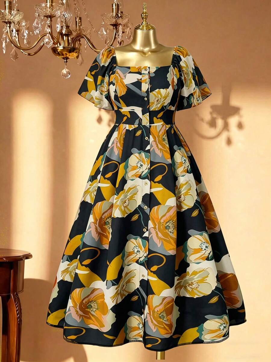Rometta Vestido floral de manga corta con cuello cuadrado y cintura ceñida, de talla grande, elegante y de moda, para primavera/verano - Multicolor - Ver 1