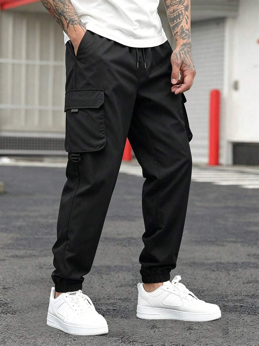 Manfinity Hypemode Quần cargo nam dáng casual, thời trang đường phố, cạp chun, túi nắp gập, ống rộng, thích hợp cho việc đi lại hàng ngày. - màu đen - Xem 1