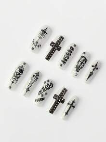 ROMWE Goth 10 Pieces Of Punk-Style Black Metal Cross, Skull Fake Nail Piece, Dark High-Quality Handmade Custom Manicure, Suitable For Daily, Date Wear - Black and white pattern - View 3