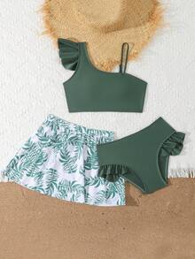 SHEIN Bộ bikini xếp ly và chân váy in họa tiết lá cây dành cho bé gái tuổi teen, thích hợp cho kỳ nghỉ hè ở bãi biển. - màu xanh lá - Xem 5