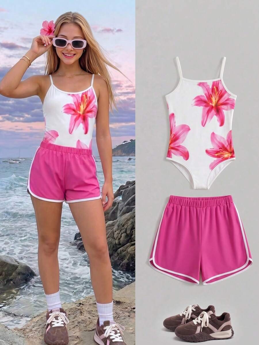 Teen Girls Floral Print Spaghetti Strap Summer Letter Graphic Romper & Shorts 2-Piece Set - Hot Pink - View 1