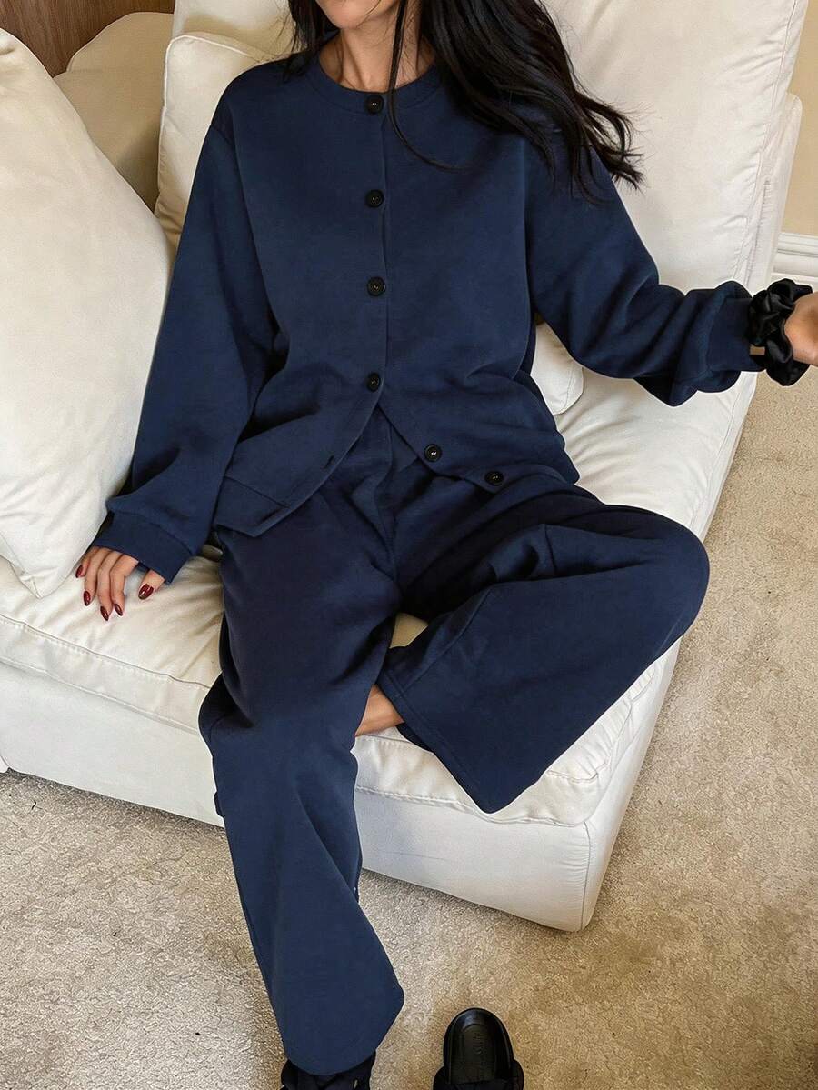 DAZY 两件套简约冬季抓绒针织长袖上衣和裤子睡衣套装 - 藏蓝色 - 查看 1