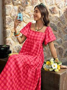 Flora Isola Flora Isola Đầm maxi tay phồng cổ vuông kẻ caro vàng và xanh lá cây - Phong cách Bohemian cổ điển, thích hợp cho kỳ nghỉ, dạo phố và mặc thường ngày, đầm mùa xuân hè dành cho nữ. - Nhiều màu - Xem 3