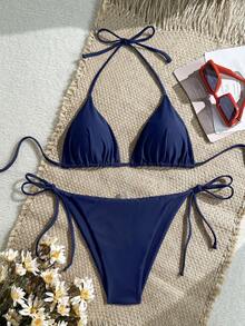 Swim Mod Bộ bikini hai mảnh buộc cổ màu trơn gợi cảm dành cho nữ mùa hè, kèm quần lót tam giác. - Màu xanh hải quân - Xem 1
