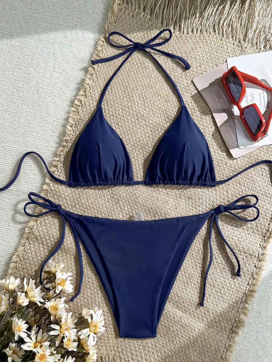 Swim Mod Bộ bikini hai mảnh buộc cổ màu trơn gợi cảm dành cho nữ mùa hè, kèm quần lót tam giác. - Màu xanh hải quân - Xem 1