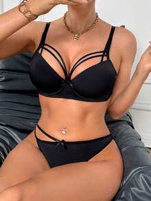 DesireSculpt 2pcs Women Lace-Up Bralette Set - Black - View 3