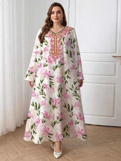 Al Najma Đầm dáng rộng tay loe in hoa thanh lịch dành cho nữ cỡ lớn, kiểu dáng nghỉ dưỡng, mùa xuân/thu.