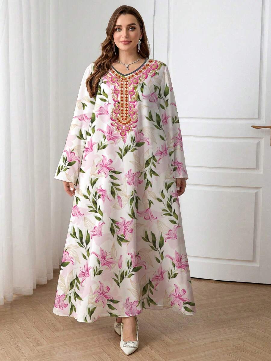 Al Najma 大码女式优雅印花喇叭袖宽松连衣裙，度假风，春秋季 - 彩色 - 查看 1