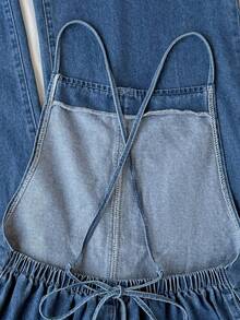 SHEIN PETITE Bộ áo liền quần denim dáng rộng thoải mái dành cho nữ, có túi. - Rửa tối - Xem 5