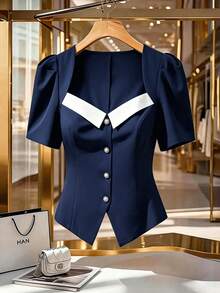 GlowEve CURVE Plus Size Women's Elegant Color Block Square Collar Puff Sleeve Pearl Button Front Split Hem Fitted A-Line Short Shirt, Suitable For Spring/Summer Casual, Commute, Vacation - Navy Blue - View 5