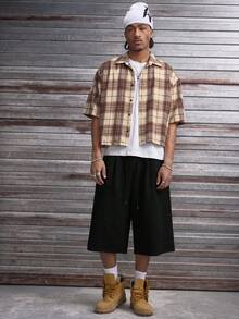 AXEPEAK Men's Solid Color Drawstring Waist Loose Casual Shorts - Black - View 3
