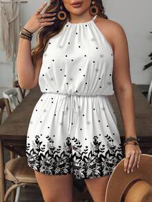 SHEIN VCAY Bộ áo liền quần mùa hè cỡ lớn in hoa, thắt eo, cổ yếm - Nhiều màu - Xem 4