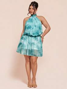 SHEIN BAE Plus Size Women Teal Print Off-Shoulder Casual Vacation Dress Brunch Vacation Summer - Mint Green - View 7