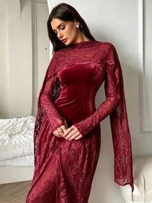 Elenzga Đầm nhung dài tay phối ren kiểu Pháp, đầm dự tiệc thanh lịch. - Màu Đỏ Sâu - Xem 3