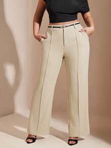 SHEIN BAE Pantalon grande taille, convient pour la Saint-Valentin, l'été, les anniversaires, la Saint-Valentin grande taille, pantalon sexy grande taille, pantalon galbé, formel, galbé, soirée, affaires, occasions formelles, déplacements, tenue de travail - Nude - Voir 3
