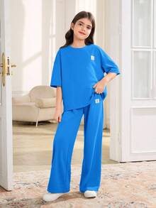 SHEIN Setelan 2 Potong untuk Anak Perempuan Remaja: Kaos Lengan Pendek Leher Bulat dan Celana Panjang, Kasual, Longgar, dan Nyaman - Biru - View 5