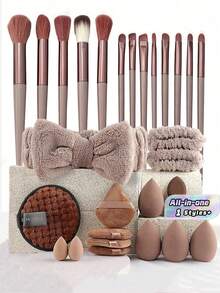33 pezzi Set di pennelli per il trucco, kit completo di strumenti cosmetici con pennelli e accessori, confezione regalo di bellezza completa per le donne - Castano - Visualizzare 1