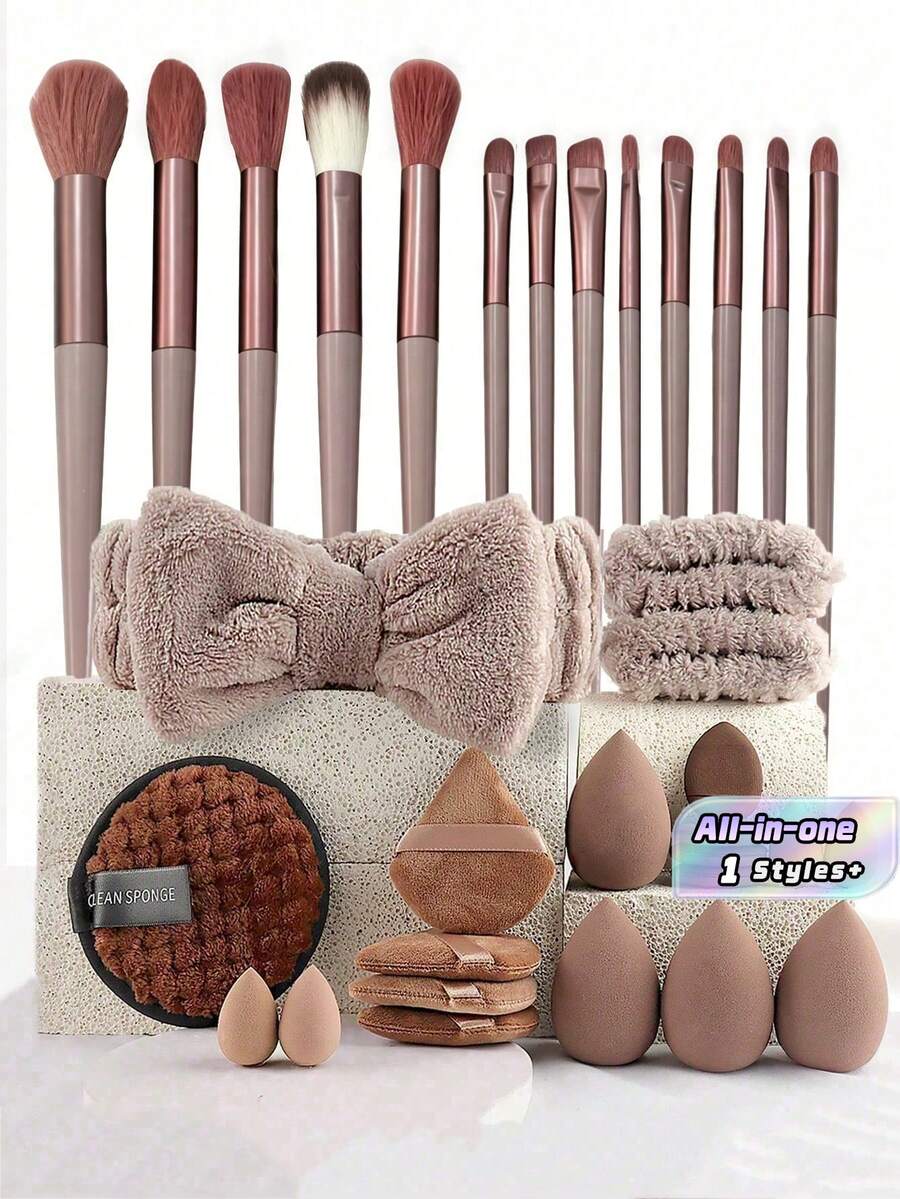 33 pezzi Set di pennelli per il trucco, kit completo di strumenti cosmetici con pennelli e accessori, confezione regalo di bellezza completa per le donne - Castano - Visualizzare 1