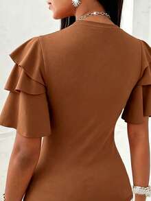 EMERY ROSE Women's Simple Solid Color Ruffle Collar Tight Fit T-Shirt, Summer - Rust Brown - View 2