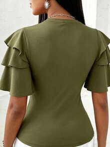 EMERY ROSE T-shirt ajusté à manches superposées de couleur unie élégant et minimaliste pour femmes, été - Militaire verte - Voir 2
