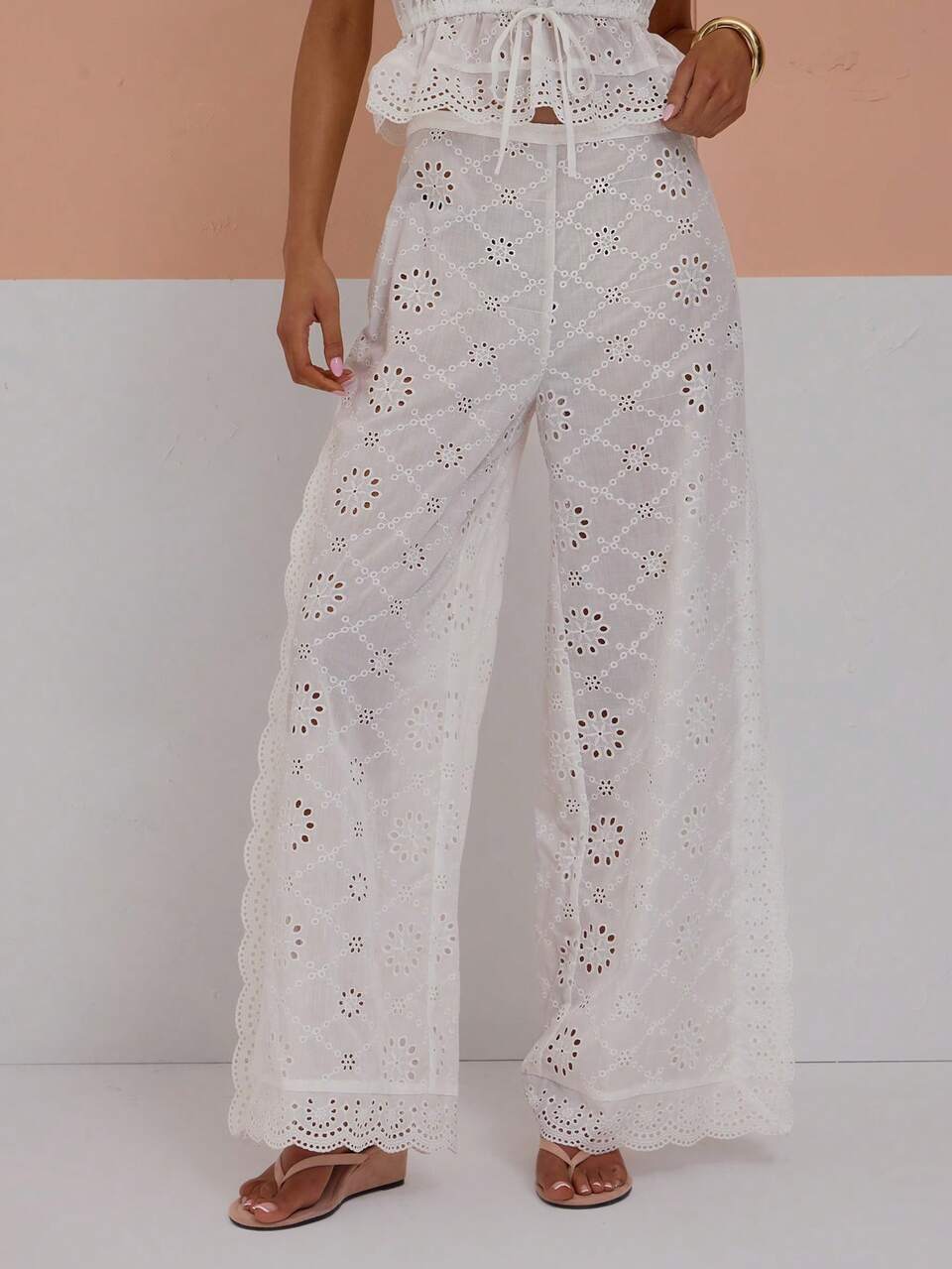 Wide Leg Side Trim Concealed Zip Broderie Trouser Coord Bottoms Only Cute Sexy Boho Spring Summer Holiday Vacation Going Out Beach Girly White