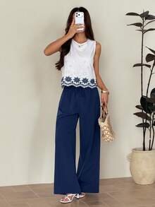 SHEIN PETITE Bộ đồ hai mảnh dành cho nữ, áo không tay và quần dài, thời trang thu đông hè, màu xanh dương. - Màu xanh lam - Xem 1