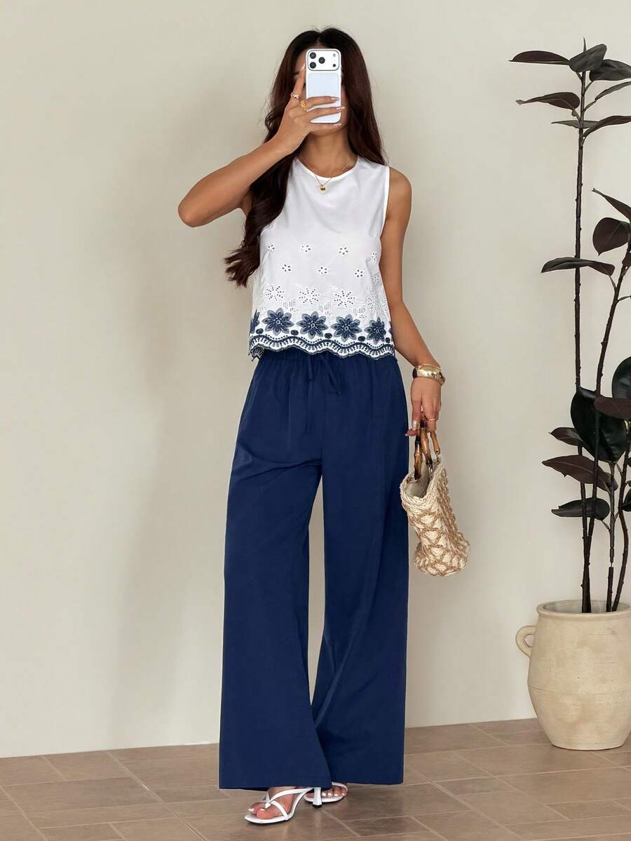 SHEIN PETITE Bộ đồ hai mảnh dành cho nữ, áo không tay và quần dài, thời trang thu đông hè, màu xanh dương. - Màu xanh lam - Xem 1