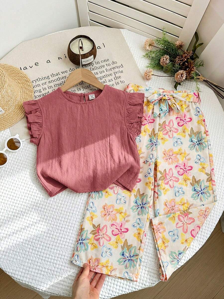 LMoss Kids LMoss 女童两件套:针织纯色荷叶边领上衣和梭织碎花宽松裤 - 粉色 - 查看 1
