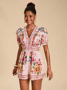 Travachic Women's Summer Tropical Print Vacation Romper With Puff Sleeves - Pink - View 5