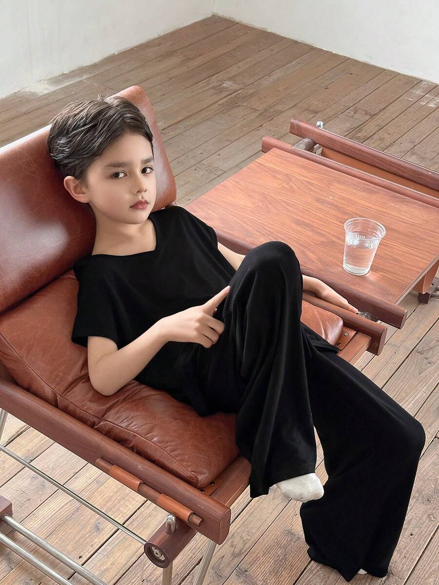Dazy Kids 男童V领套头衫+直筒裤家居服套装 - 黑色 - 查看 1