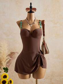 Swim Lushoire 1pc Women Beach Dress,Coffee Brown,Summer,Casual,Holiday,Vacation,Holiday, Retro V-Neck Design With Gemstone Decor,Waist Cinching,Elegant - Brown - View 6