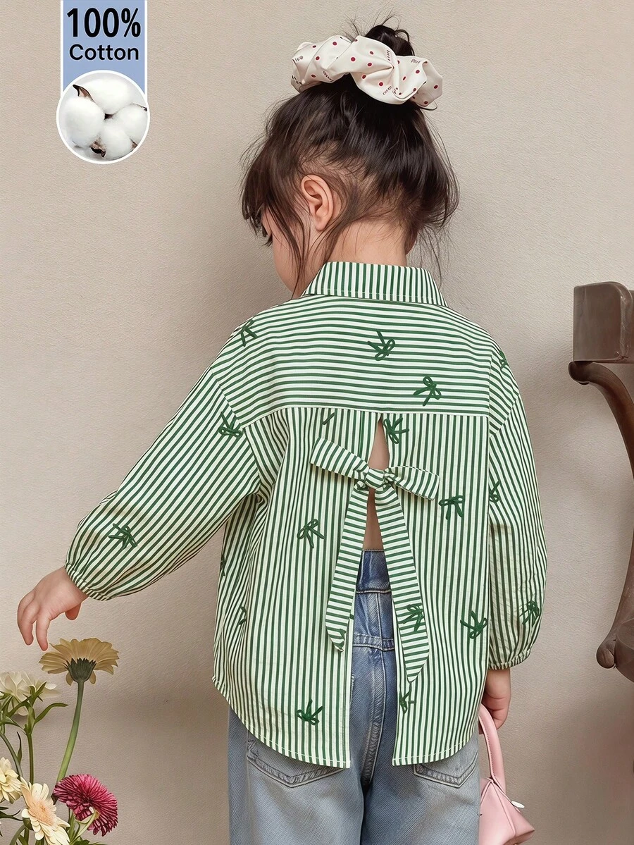Emery Rose Kids Áo sơ mi thường ngày kẻ sọc dệt họa tiết nơ dành cho bé gái - màu xanh lá - Xem 1