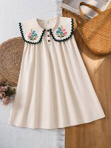 Emery Rose Kids Tween Girl Pastoral Floral Embroidered Floral Pattern Collar Dress - Apricot - View 4