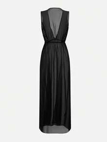 SHEIN Swim Vestido largo de cubrimiento con cuello en V profundo, abertura alta y sin mangas, para vacaciones y playa de verano - Negro - Ver 6