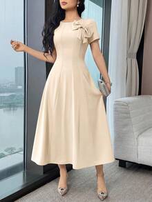 Modelyn Women's Elegant Solid Color Bow Decor Mid-Length Dress, Summer,Dresses For Women Summer - Apricot - View 4
