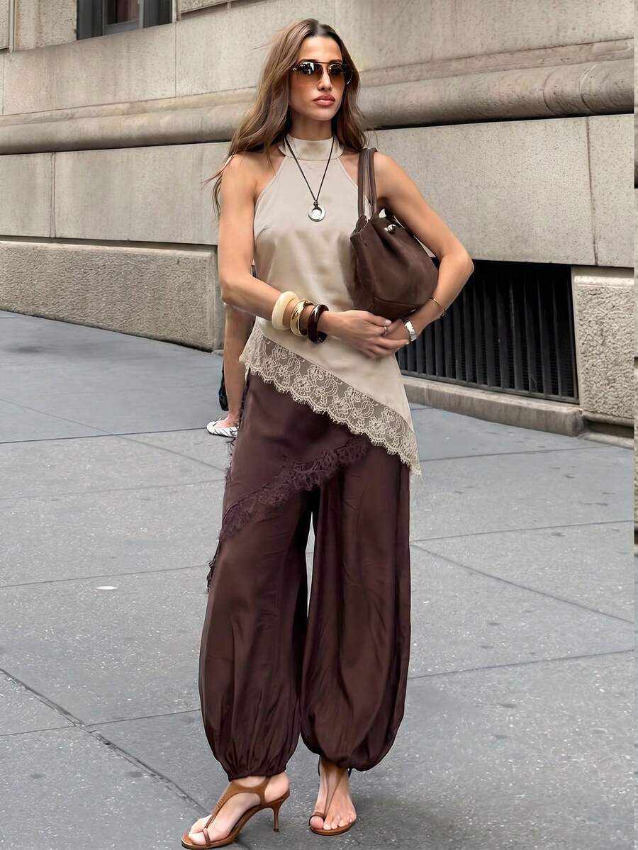 Firerie 女款優雅蕾絲與緞面拼接不對稱下擺細肩帶背心上衣，米色夏季約會海灘波希米亞熱帶風細肩帶上衣