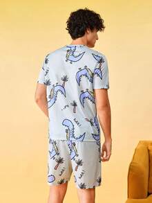 Notgurli 男士卡通印花圆领短袖上衣和短裤休闲家居服套装 - 彩色 - 查看 2