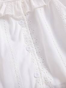SHEIN 2pcs/Set Girls Casual Ruffle Trim Round Neck Embroidered Lace Vest Top+Denim Flared Leg Pants Suit,Summer,Family Matching,Vacation,Travel Daily Wear - White - View 5
