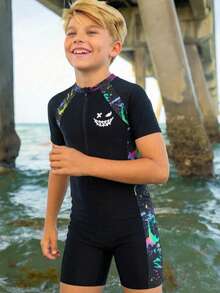 SHEIN Teen Boy Casual Black Two Pieces Swimwear With Shorts,Short Sleeve Fluorescent Ink Splatter Pattern For Summer,Streetwear,Beach,Holiday,Surfing - Multicolor - View 6